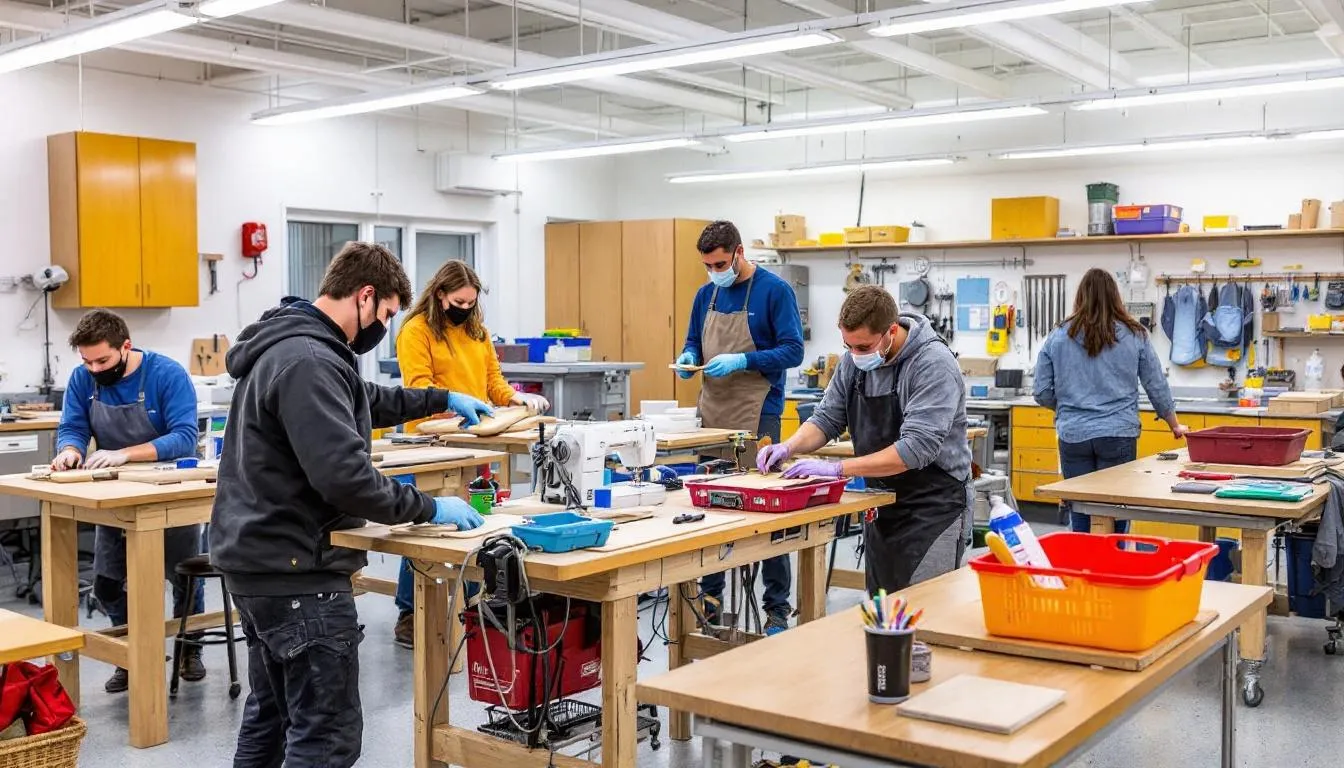 The image depicts students engaged in vocational training activities within a well-equipped workshop at a special education school, highlighting the practical skills they are developing to foster independence. This setting is designed to cater to diverse learning needs, including those with autism spectrum disorder and other disabilities, ensuring a robust educational environment.