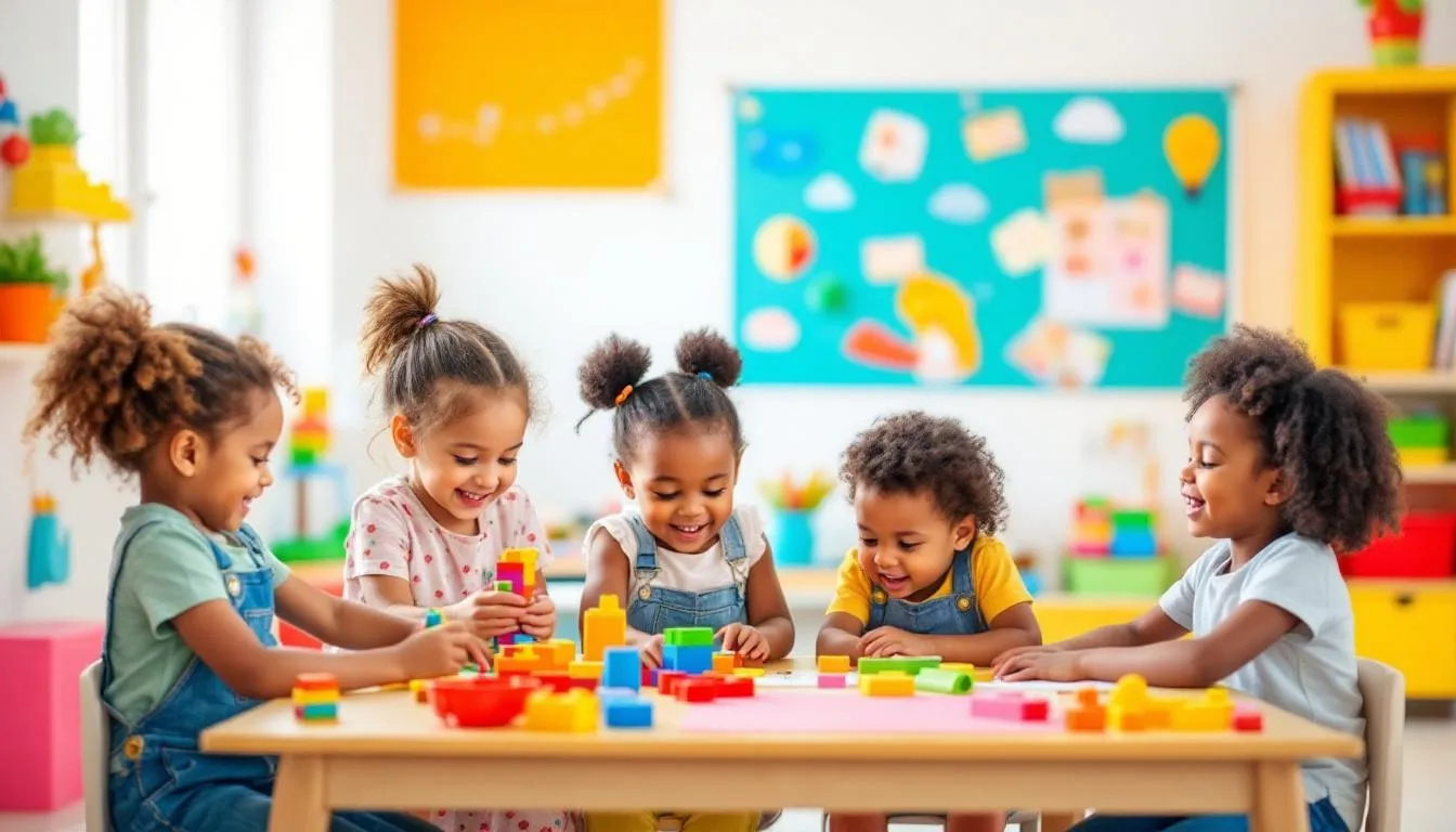 A diverse group of young children from various ethnic backgrounds joyfully play together in a bright and engaging preschool setting, fostering social skills and cultural awareness. This nurturing environment encourages early childhood education and supports the holistic development of these young learners.
