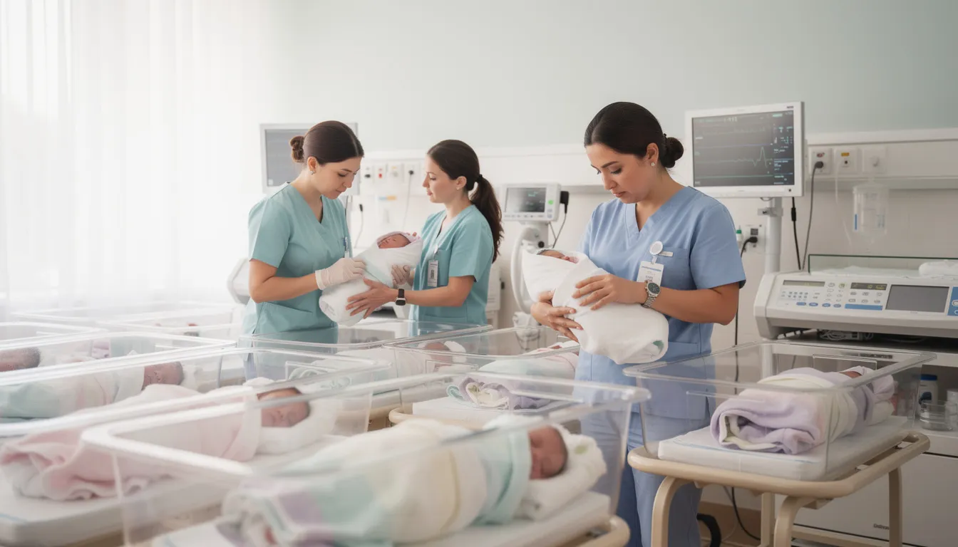 In a modern nursery setting, professional nurses provide attentive newborn care, ensuring the utmost comfort and safety for infants. The environment is designed to support new parents during the confinement period, with skilled professionals offering exceptional postpartum care and guidance.