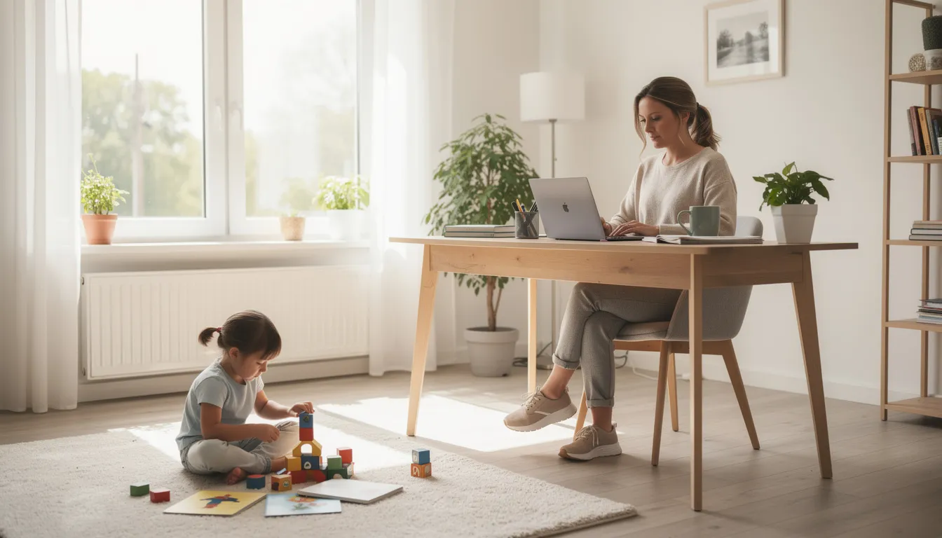 A full-time working mother sits at her computer in a bright home office, focused on filing her personal income tax return while her child plays nearby, creating a harmonious balance between work and parenthood. The scene captures the essence of modern family life, where mothers manage both their careers and the joys of raising children.