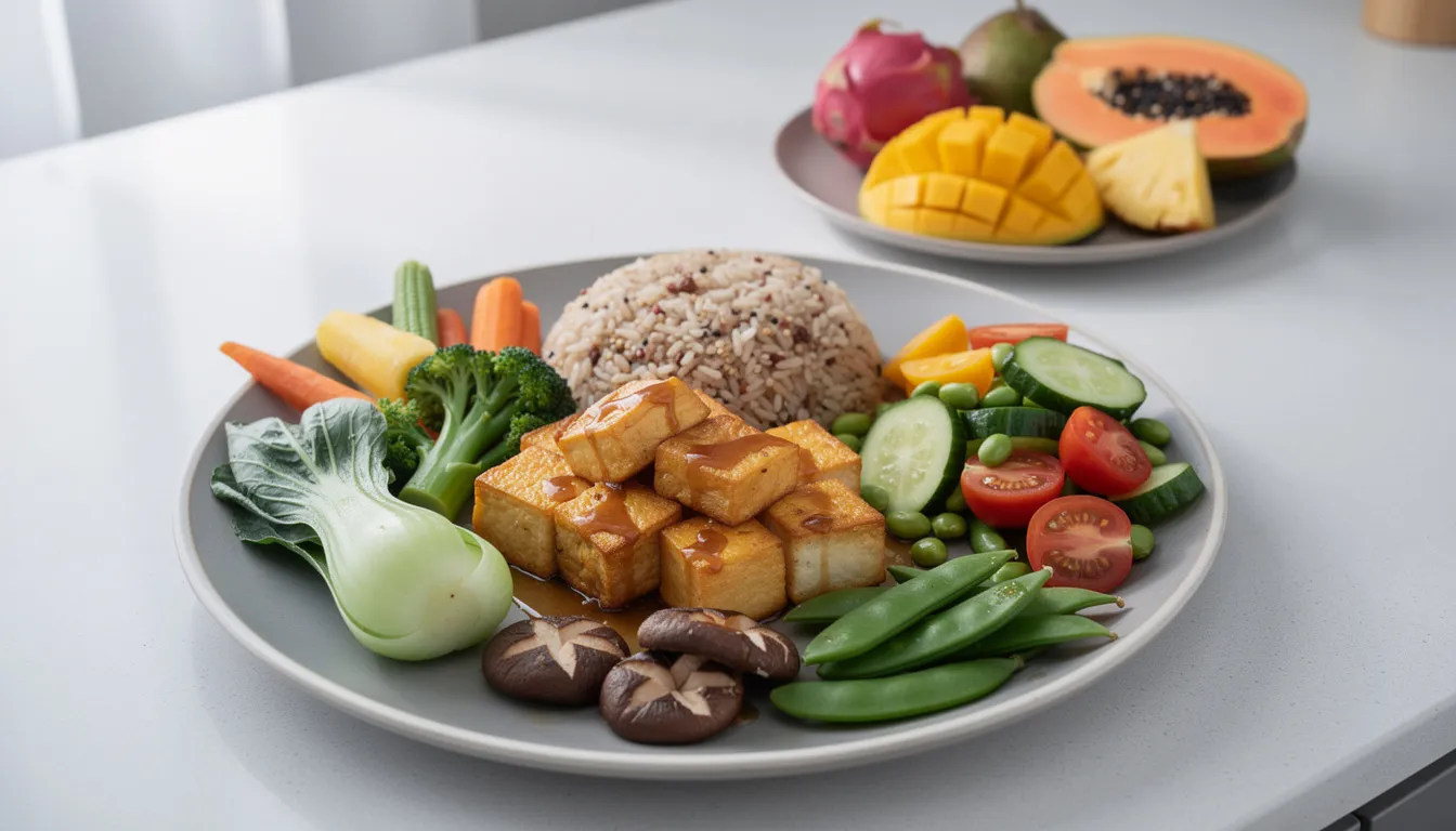 The image depicts a vibrant and nutritious vegan pregnancy meal, showcasing Singapore-available ingredients such as tofu, an array of colorful vegetables, and tropical fruits. This well-planned vegan diet is rich in essential nutrients, supporting the health of pregnant women and promoting a healthy pregnancy.