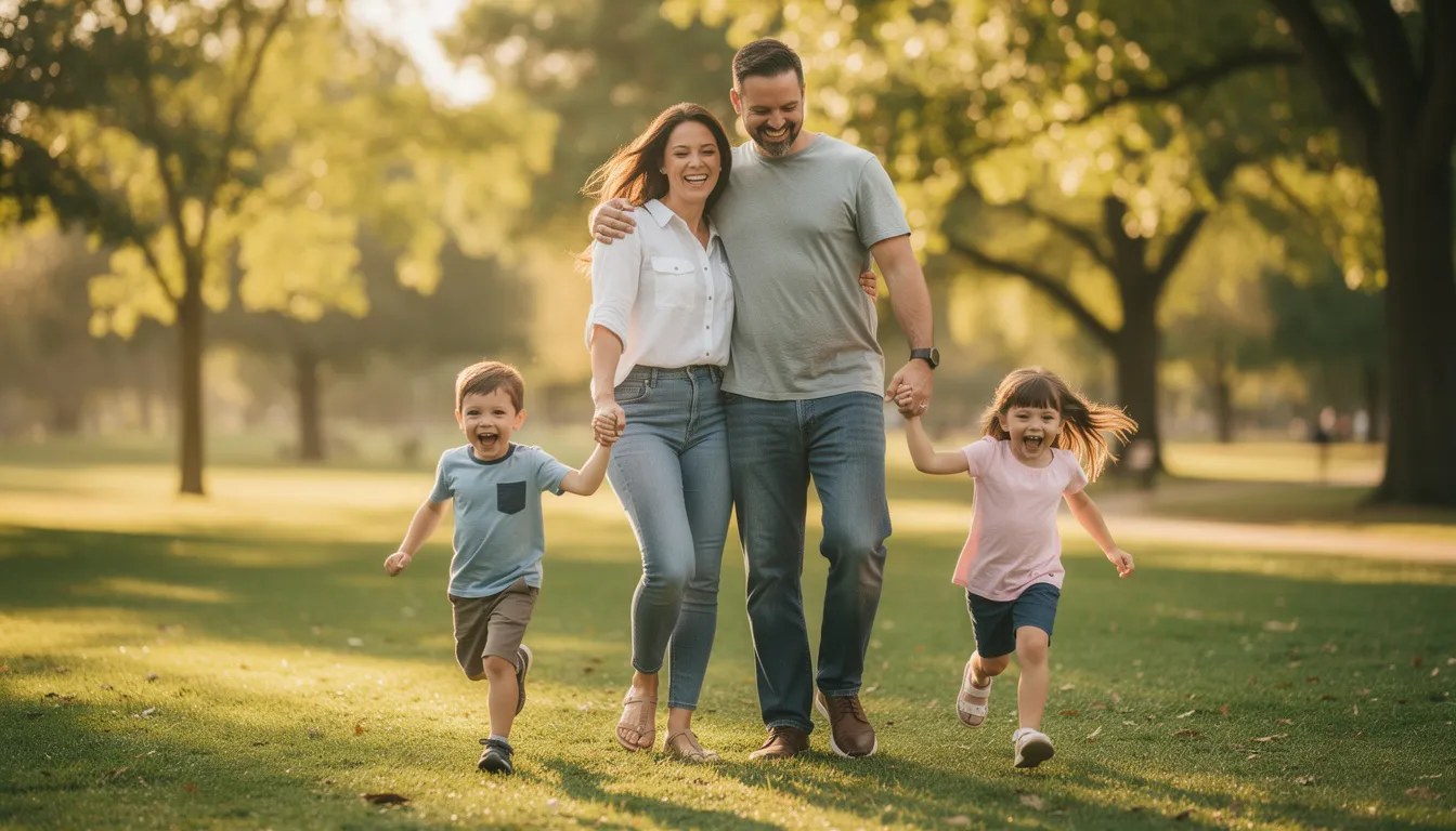 A happy family is enjoying a sunny day outdoors, with two young children playing joyfully. This scene reflects the importance of health insurance and financial safety nets for families, ensuring coverage for unexpected medical expenses as children grow.
