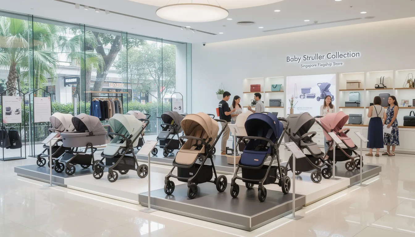 The image shows a modern baby stroller display in a bright Singapore shopping mall showroom, featuring a range of versatile options designed for everyday use by parents and growing families. The strollers, including popular brands like Bugaboo Bee, are showcased with their sleek designs and travel-friendly features, making them ideal for navigating the city with little ones.