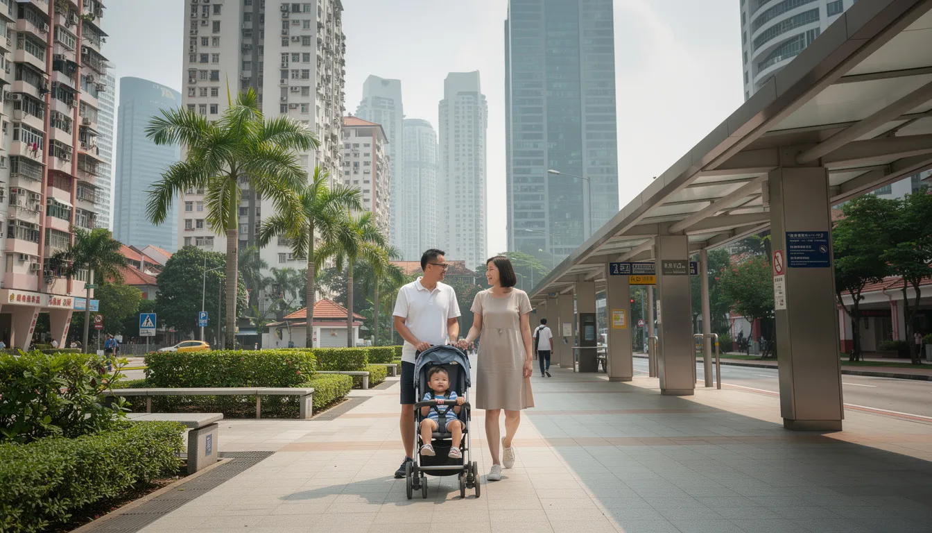 A family is walking through a vibrant urban environment in Singapore, with modern buildings in the background, while using a versatile stroller to navigate the city with their little one. The parents demonstrate everyday use of the stroller, showcasing its convenience and ease for growing families on the go.