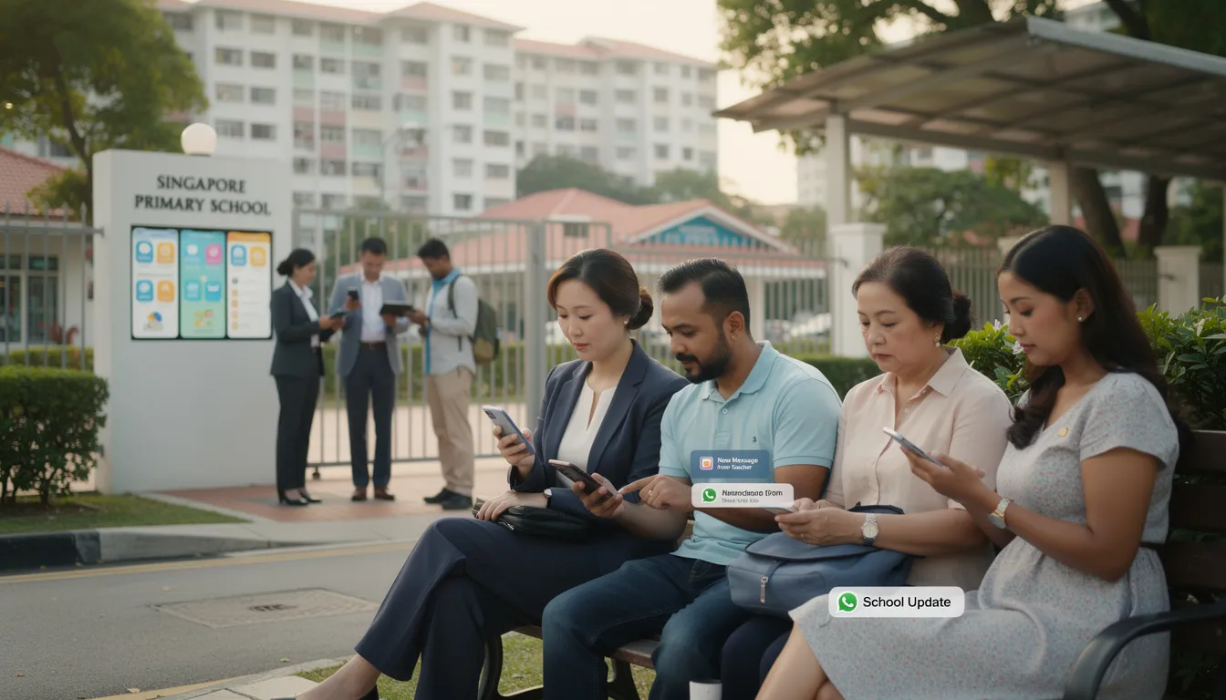 The image depicts parents in Singapore using mobile devices to communicate with their child's school through the Parents Gateway app, facilitating important messages, consent forms, and coordination for parent-teacher meetings. This one-stop portal enhances school-home partnerships by providing access to curated parenting resources and notifications about school activities and programmes.