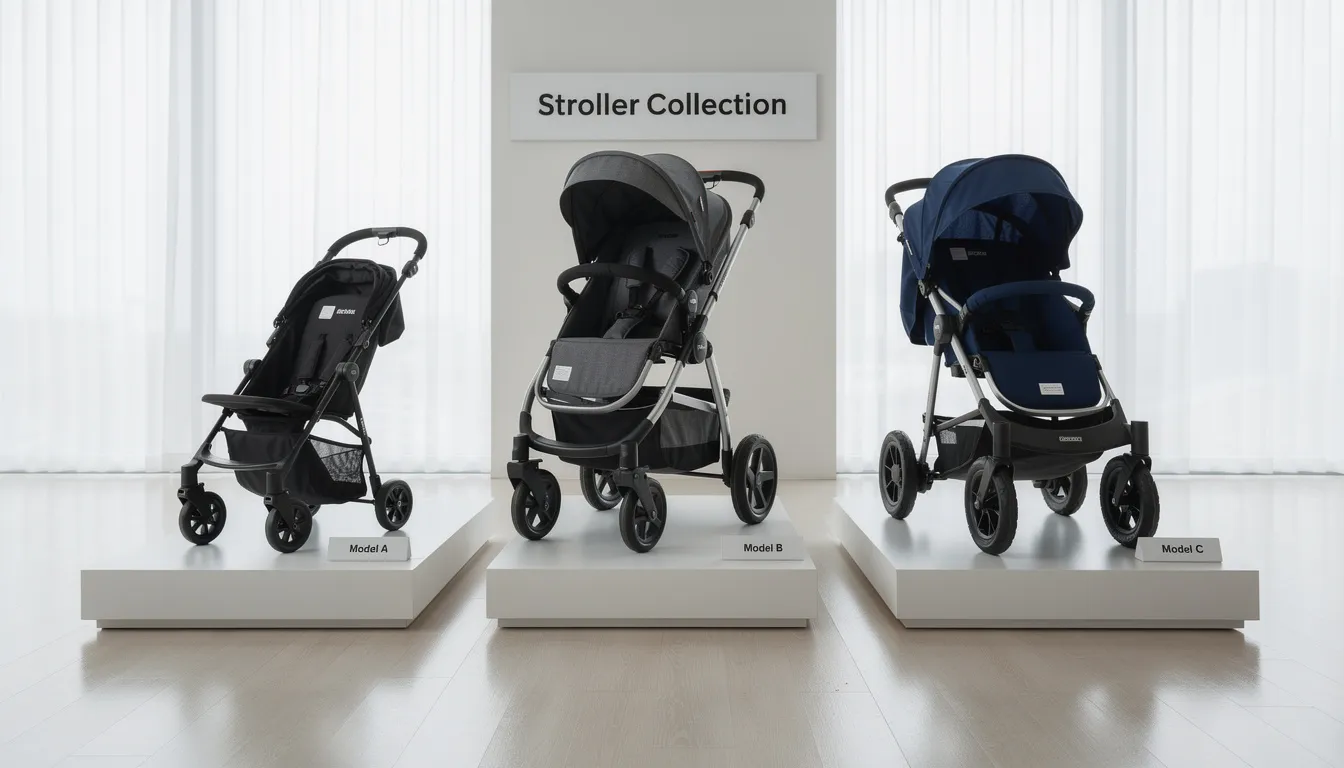 The image features a side-by-side comparison of three different stroller models displayed in a modern showroom, showcasing their stylish designs and features ideal for everyday use by parents with growing families. Each stroller, including the Bugaboo Bee, is designed for convenience and safety, making them perfect for navigating city streets and public transport with little ones.