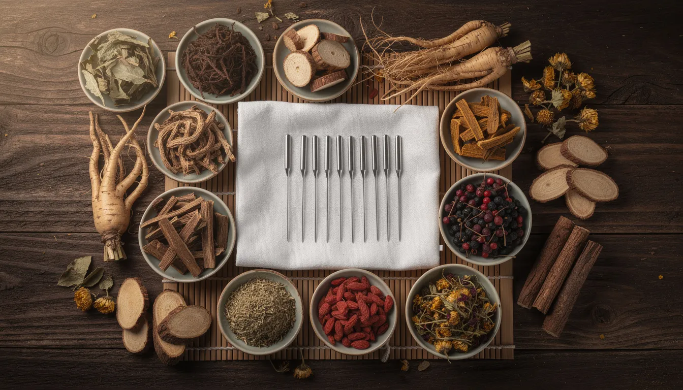An assortment of traditional Chinese medicine herbs and acupuncture needles is meticulously arranged on a wooden surface, highlighting natural remedies that may support mental health, particularly for postpartum women experiencing symptoms of postpartum depression. This image emphasizes the holistic approach to managing mood disorders and the importance of emotional support during the postpartum period.