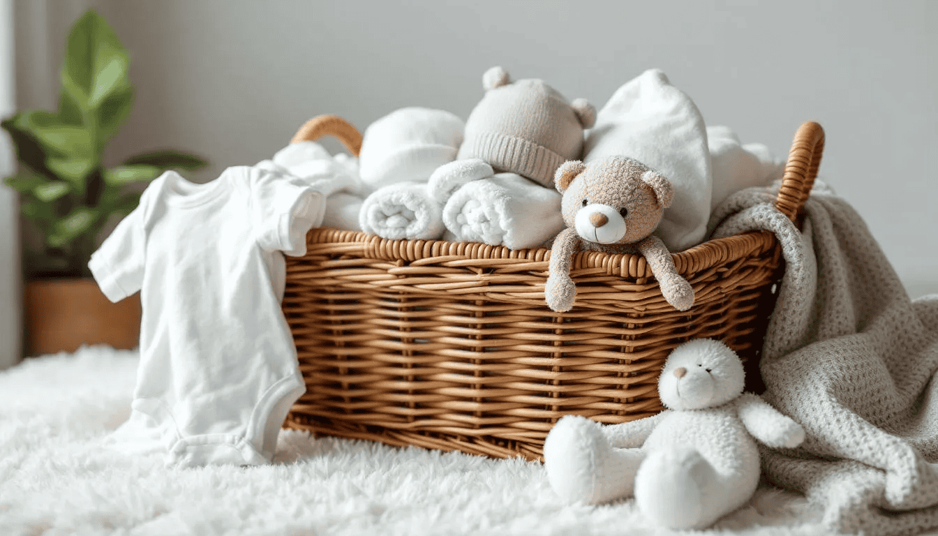 An elegant wicker basket is beautifully arranged with practical baby essentials, including a soft swaddle blanket, diapers, and cute toys, making it a perfect gift for new parents celebrating the arrival of their precious newborn. This heartwarming gift set is ideal for baby showers and joyous occasions, offering a thoughtful selection of newborn baby gifts.