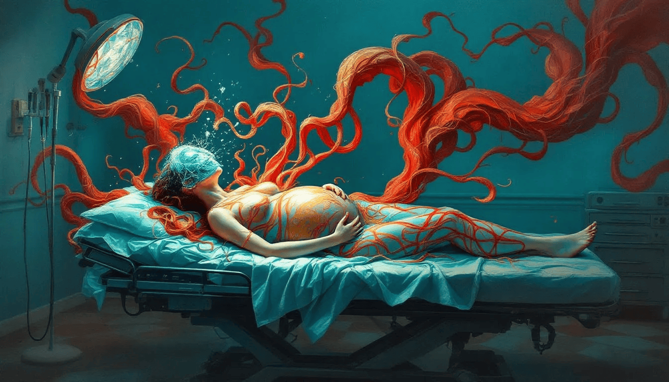 A visual representation of a pregnant woman receiving medical attention for bleeding in the second trimester.