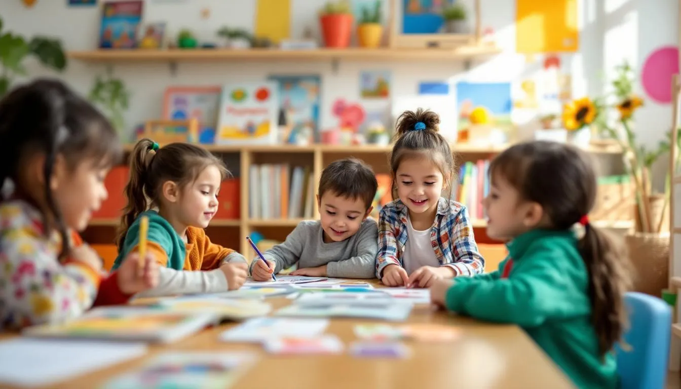 The image depicts young children actively participating in bilingual learning activities, surrounded by materials in both English and Mandarin. This engaging environment fosters their language development, essential skills, and holistic growth, reflecting the principles of early childhood education in an international preschool in Singapore.