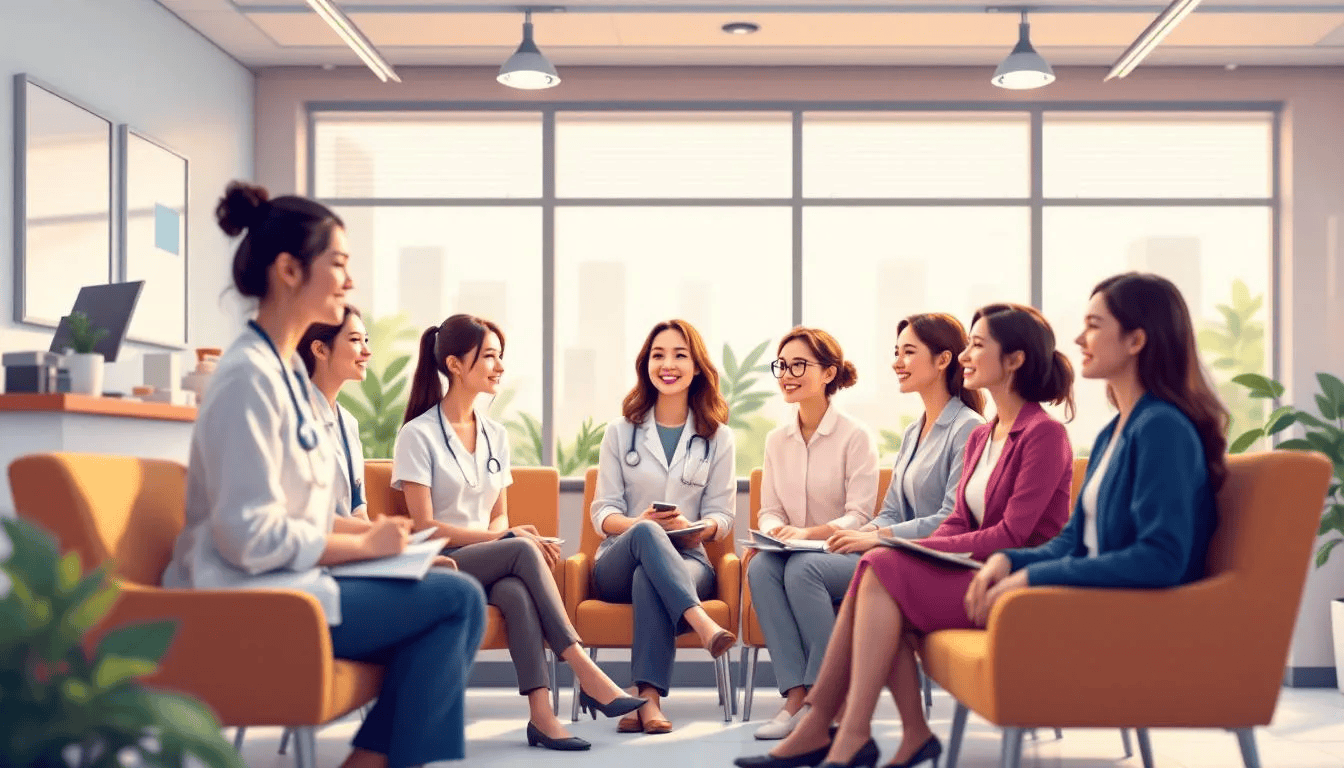 A diverse group of Asian women is seated in a healthcare clinic waiting room, engaged in conversation and looking at their phones. The environment suggests a focus on women's health, possibly related to topics like menstrual cycles and ovulation.