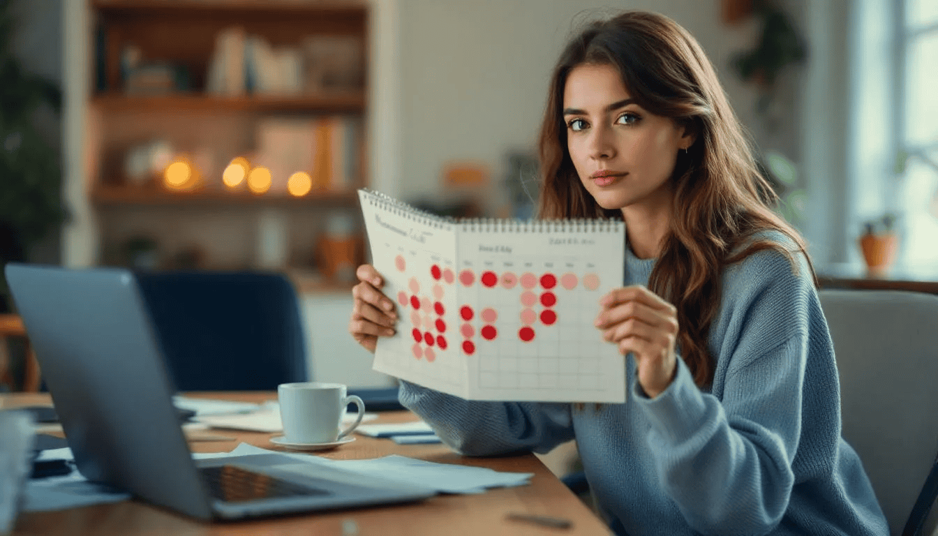 A woman with a thoughtful expression is holding a calendar where she has marked her menstrual cycle dates, reflecting on her ovulation period and the timing of her next period. The image conveys the importance of tracking menstrual cycles for understanding ovulation and women's health.