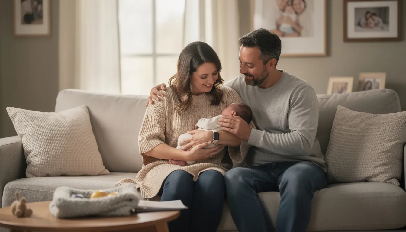 The image depicts a mother holding her baby in a warm and supportive family environment, while her partner offers emotional support. This scene highlights the importance of mental health in the postpartum period, as it reflects the need for support when experiencing symptoms of postpartum depression, such as mood swings and difficulty bonding.
