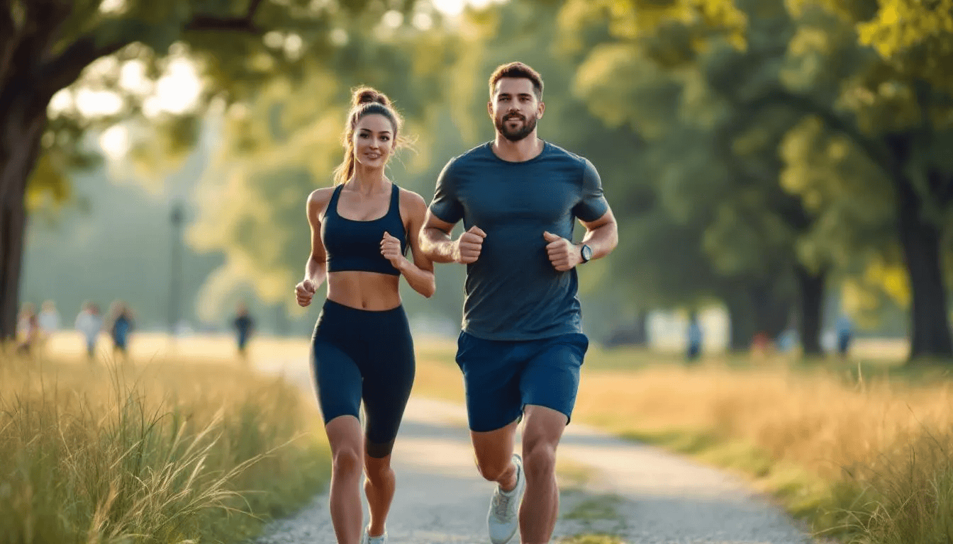 A couple is exercising together in a park, engaging in a healthy lifestyle that promotes overall health and well-being. They appear to be enjoying their time while practicing fitness, which can be an important factor in managing lifestyle factors related to fertility and general health.