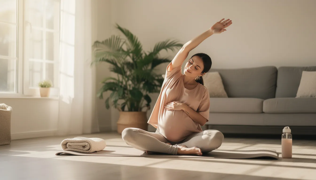 A pregnant woman is gently stretching in a serene environment, focusing on her well-being as she navigates the changes of pregnancy. This image highlights the importance of lifestyle changes to prevent heartburn during pregnancy, as she practices relaxation techniques that may help alleviate heartburn symptoms.