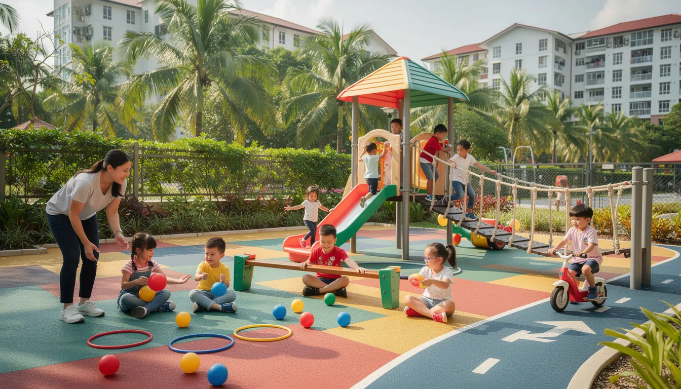 The image depicts an outdoor playground area at a childcare facility in Singapore, where young children are actively engaged in physical activities, promoting essential skills and a holistic learning experience. Parents can observe their little ones exploring and developing confidence in a supportive environment designed for early childhood education.
