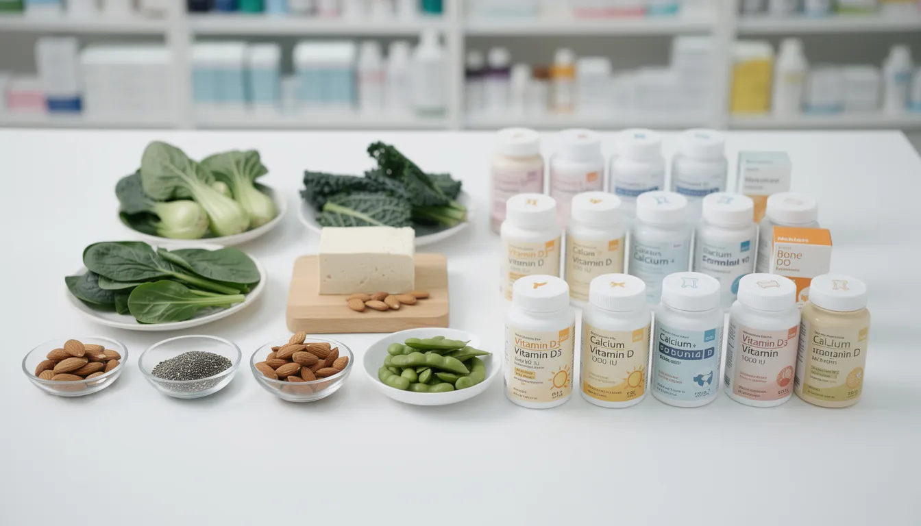 The image showcases a variety of calcium-rich plant foods and vitamin D supplements available at Singapore pharmacies, highlighting options suitable for a balanced vegetarian or vegan diet. These essential nutrients are particularly important for pregnant women to support a healthy pregnancy and ensure optimal bone health.