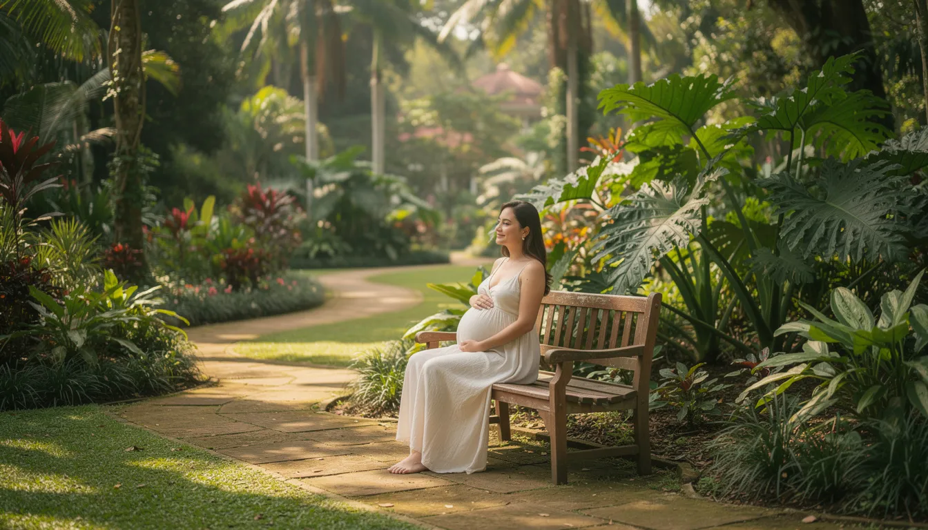 A pregnant woman sits peacefully in the lush surroundings of Singapore Botanic Gardens, surrounded by vibrant tropical plants. This serene moment captures the beauty of her pregnancy journey, highlighting the emotional ups and downs that many expecting moms experience during this life-changing event.