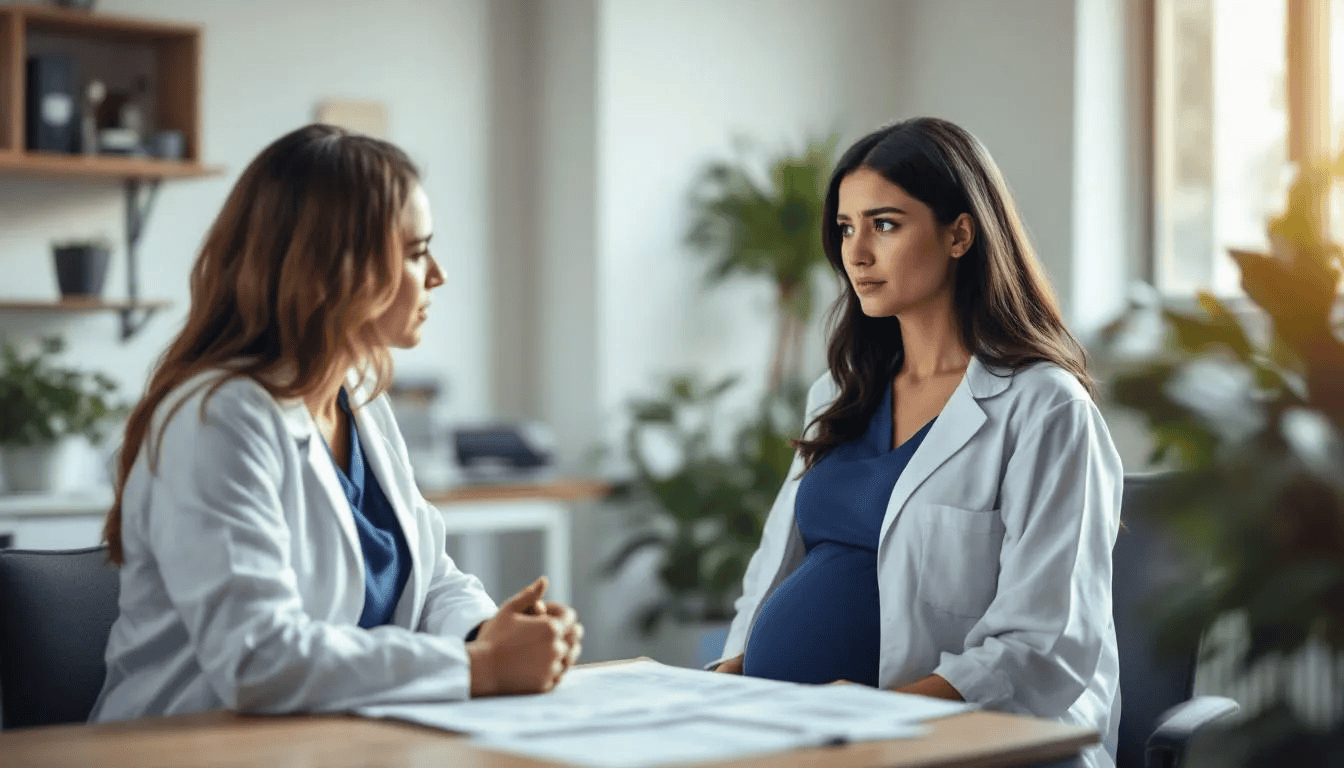 A healthcare provider is sitting across from a pregnant woman, discussing her pregnancy test results. The provider is explaining the significance of the positive pregnancy test and the importance of monitoring hCG levels for confirming early pregnancy.