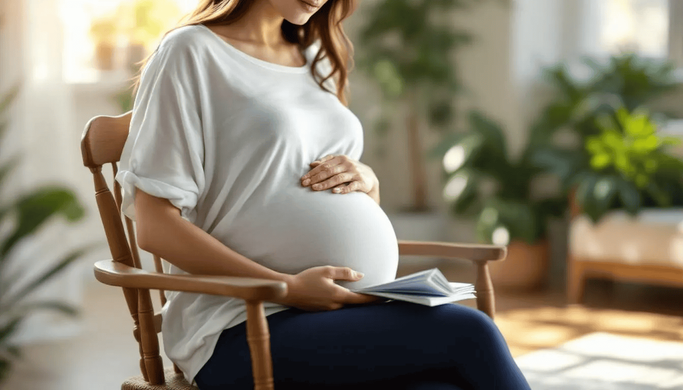 A pregnant woman sits comfortably, reading health information about early pregnancy symptoms and vaginal discharge. She appears focused, surrounded by books and notes, as she learns about the changes her body is experiencing during this important time.