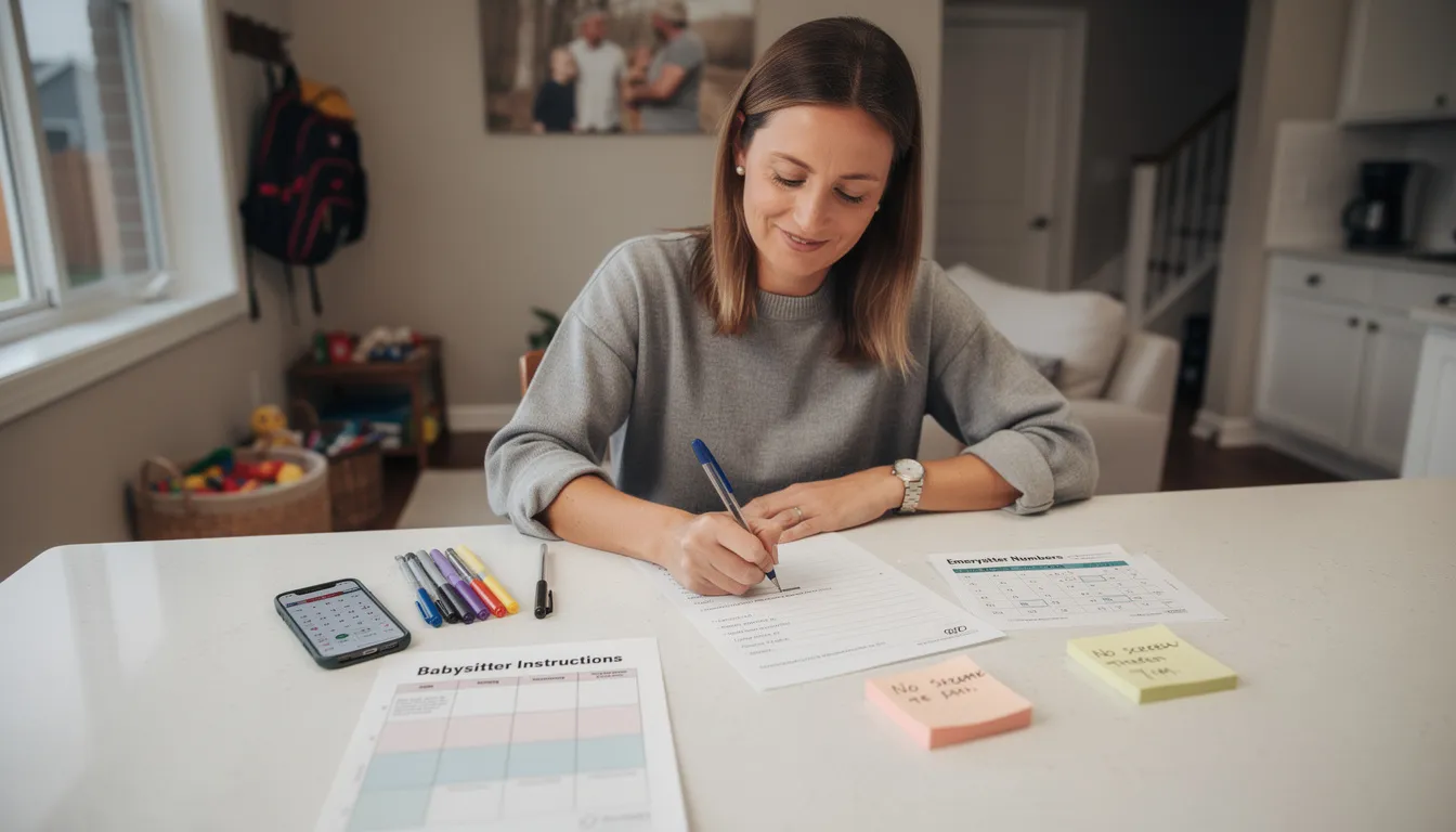 An organized parent is sitting at a table, preparing a detailed instruction sheet for their new babysitter, which includes important information about the children's routines, safety guidelines, and household chores. The scene conveys a sense of responsibility and care, ensuring a pleasant experience for both the babysitter and the kids.