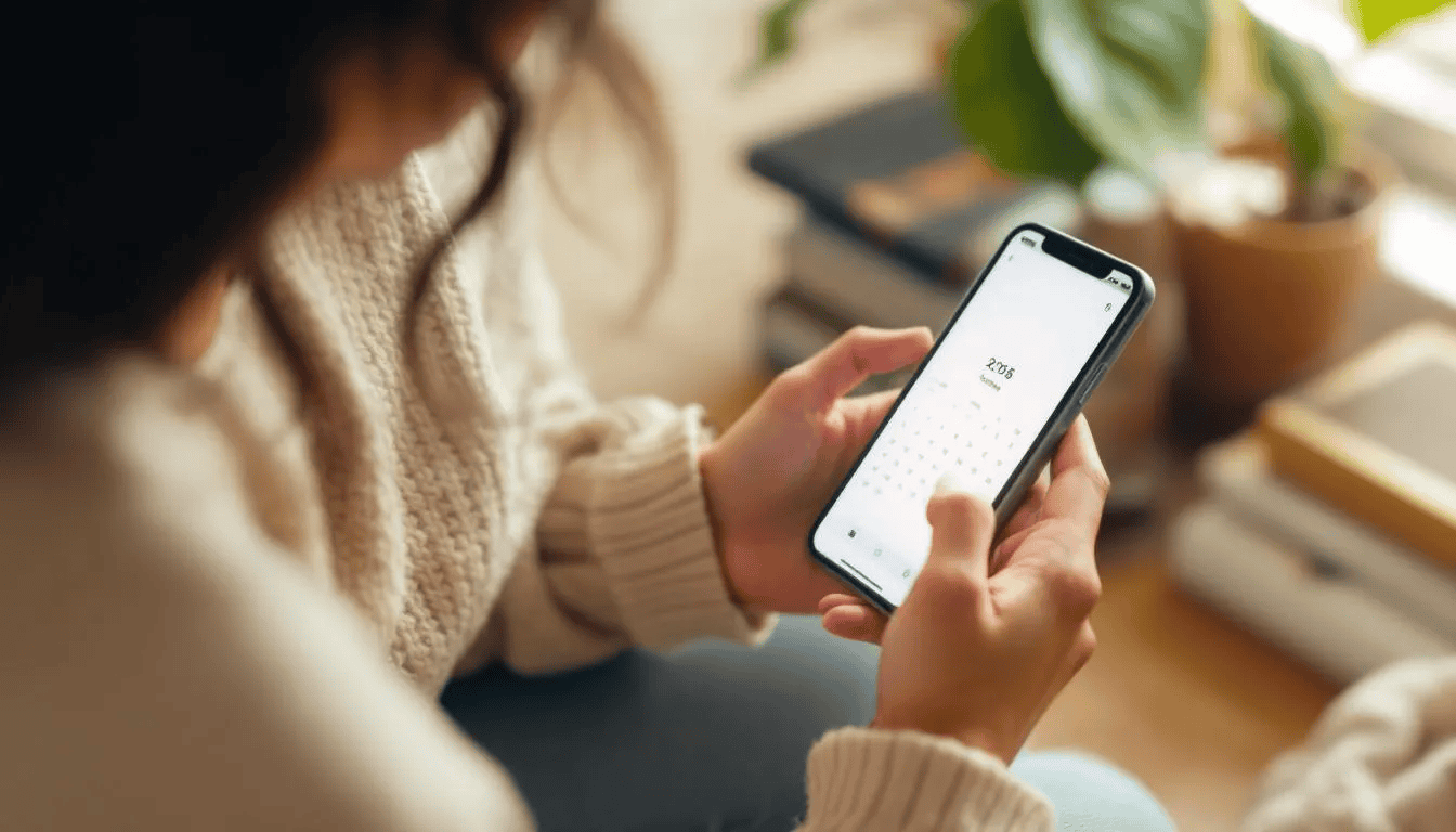 A woman is sitting comfortably, holding a cup of tea in one hand while using a smartphone app to track her menstrual cycle. The app helps her monitor ovulation signs and manage her fertile window, supporting her understanding of her reproductive health.