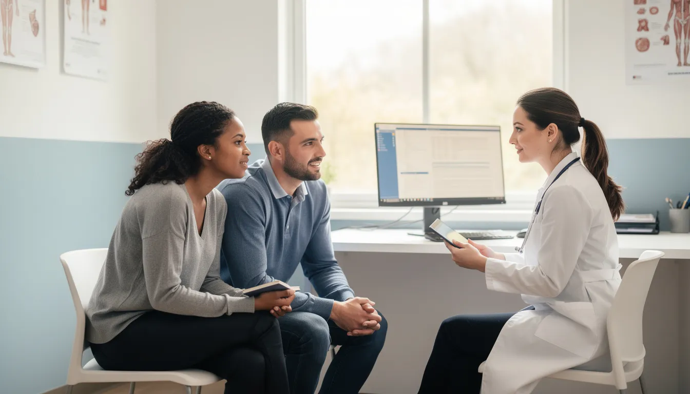 A couple is sitting in a medical office, engaged in a discussion with a healthcare provider about maintaining a healthy pregnancy. They appear attentive as they learn about safe sexual activity during pregnancy, including the importance of understanding health concerns like placenta previa and how to navigate their sex life during this time.