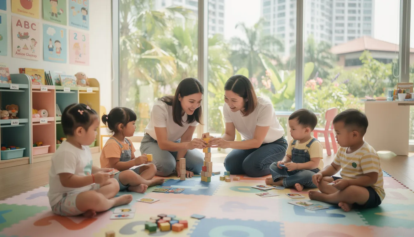 In a vibrant Singapore childcare center, teachers are actively engaging with toddlers in interactive learning activities, fostering a holistic learning experience. The little ones are exploring new vocabulary and essential skills through play, supported by educators dedicated to cultivating a strong foundation for their early childhood education.