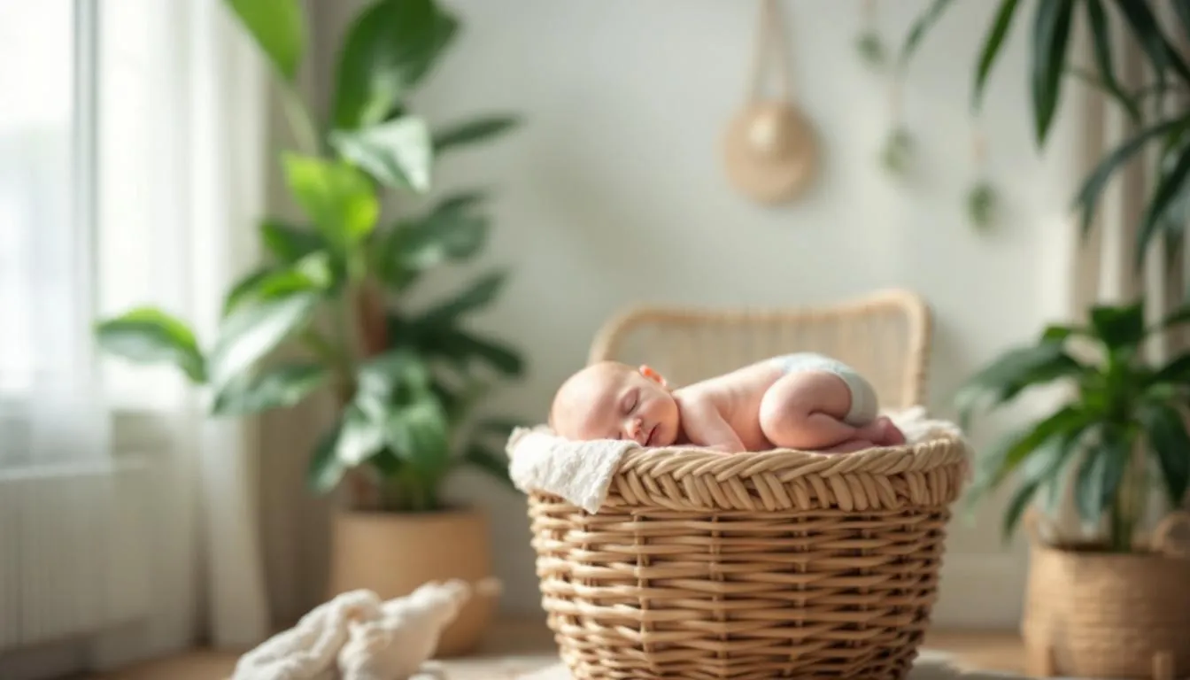 A newborn baby is peacefully resting in a cozy Singapore nursery, dressed in a soft organic cotton bodysuit that offers comfort and style. The bodysuit, part of a quality range of baby essentials, showcases vibrant colours perfect for little ones, making it an ideal gift for family and friends.