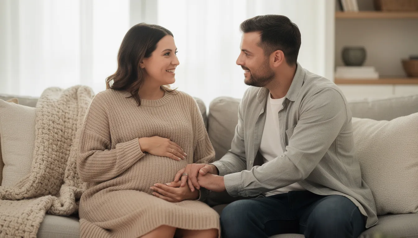A pregnant couple sits closely on a couch, engaged in an intimate conversation, reflecting their emotional connection during this special time. They share smiles and gentle touches, highlighting the importance of communication in maintaining a healthy sex life during pregnancy.