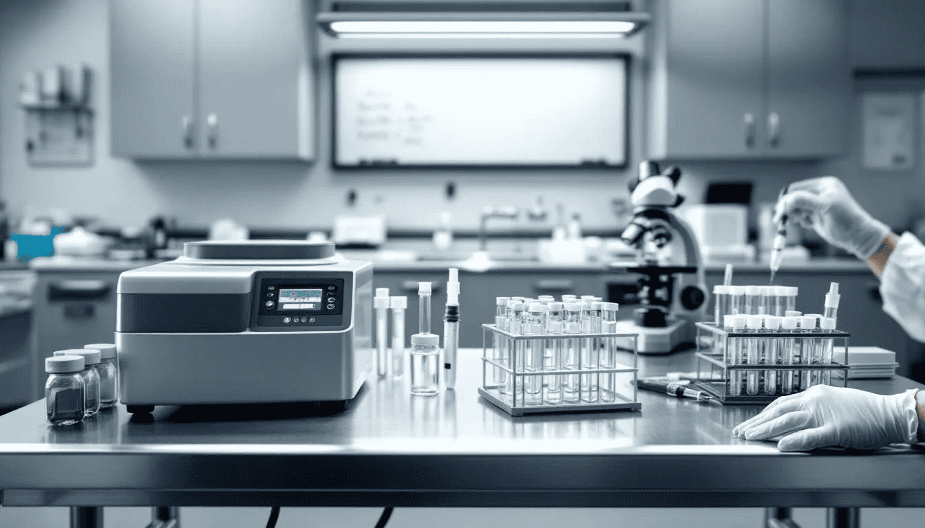 The image depicts a variety of medical laboratory testing equipment, including test tubes, microscopes, and petri dishes, commonly used to analyze samples for early pregnancy symptoms and assess vaginal discharge during pregnancy. This equipment plays a crucial role in monitoring women's health and diagnosing conditions such as bacterial vaginosis or yeast infections.