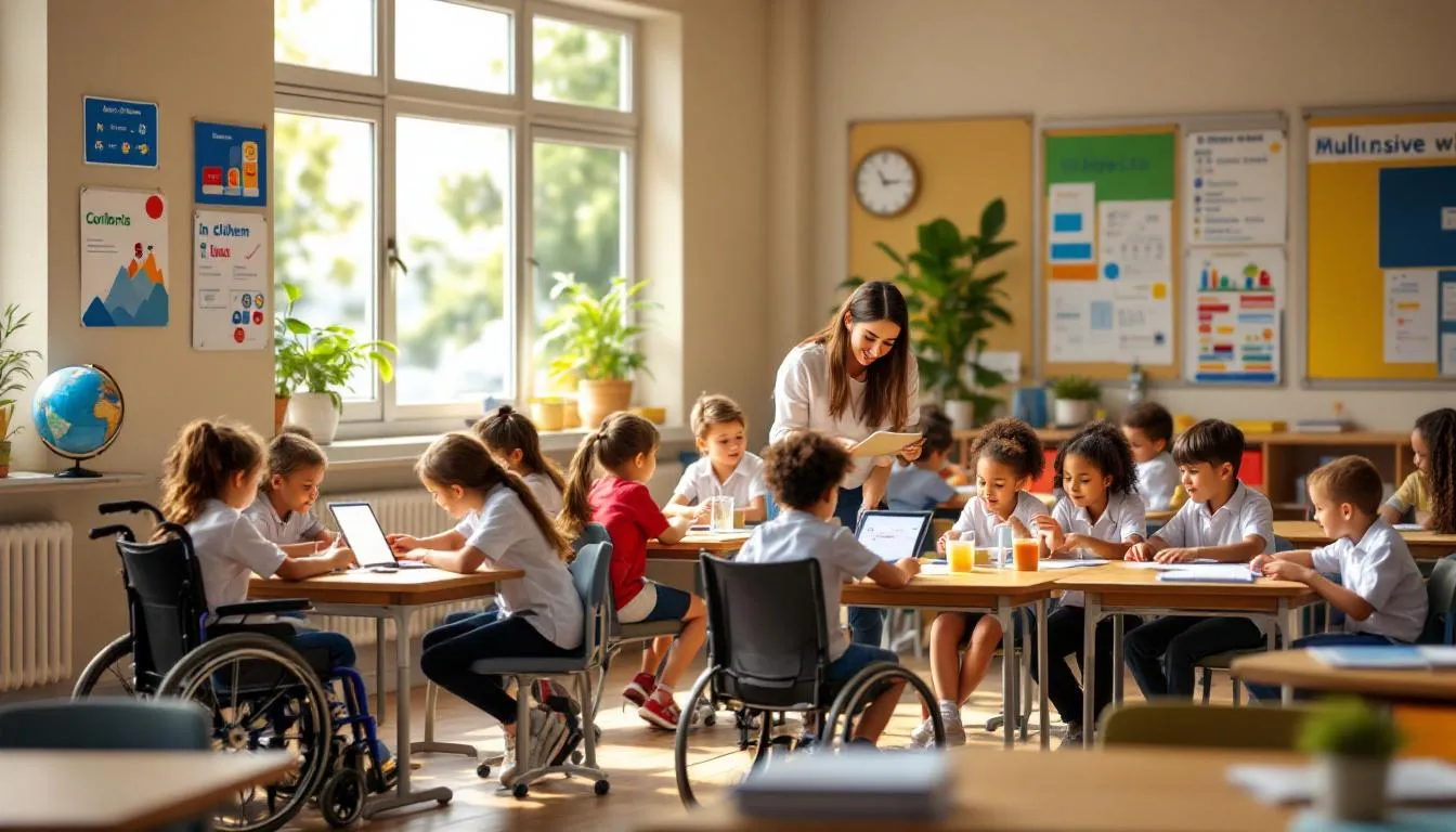 The image depicts a vibrant international school classroom where a diverse group of students, including those with special needs such as autism spectrum disorder, are collaboratively working on a project. This inclusive learning environment reflects the principles of special education, catering to the varied educational needs of all students, fostering social skills and essential life skills.