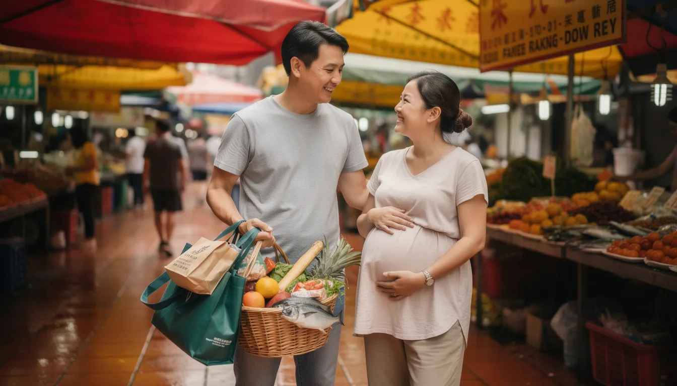 A supportive partner assists a pregnant woman with her groceries in a bustling Singapore market, showcasing the emotional support that is vital during pregnancy. This scene highlights the importance of loved ones in helping expectant moms navigate the emotional roller coaster of pregnancy, particularly during mood swings and hormonal changes.