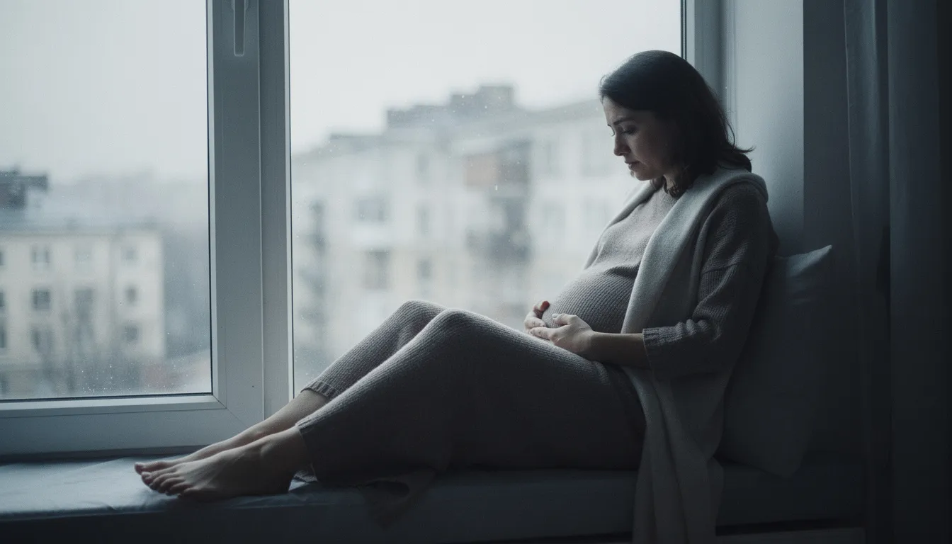 A pregnant woman sits by a window, looking contemplative and sad, reflecting the emotional distress that can accompany antenatal depression. Her expression hints at the challenges of mental health during pregnancy, highlighting the importance of support and proper treatment for women experiencing depression symptoms.