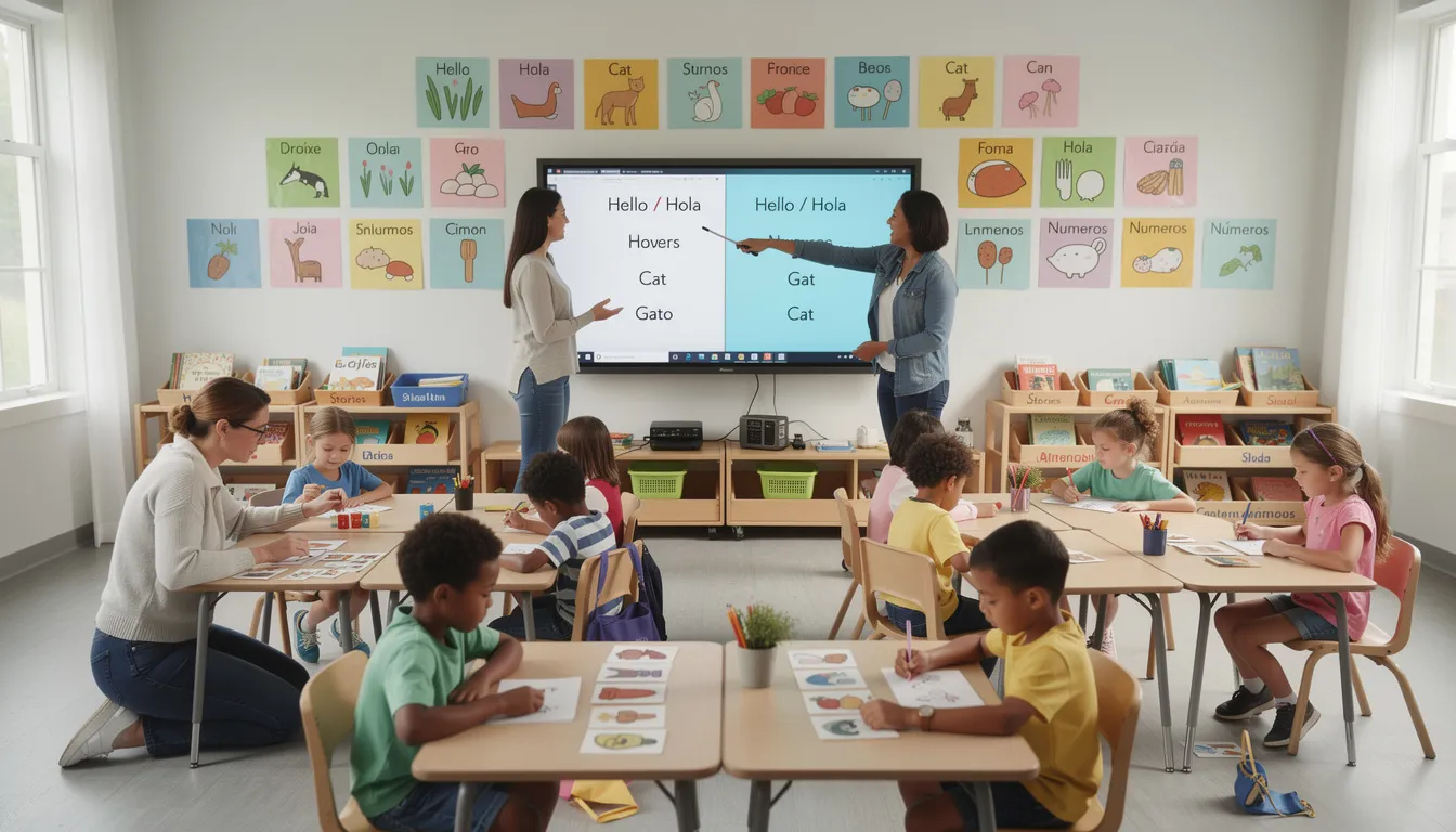 In a modern classroom, Singapore citizen children are actively engaged in bilingual learning activities with their teachers, exploring new vocabulary and developing essential skills through a holistic learning experience. The environment fosters a strong foundation for early childhood education, supporting young learners in their journey towards lifelong love for learning.