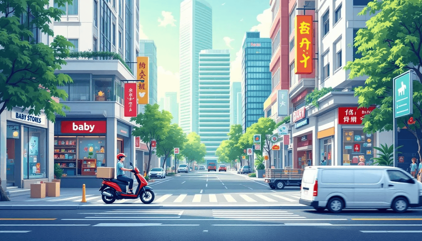 The image depicts a bustling modern shopping district in Singapore, featuring various baby stores filled with practical baby essentials, newborn gift sets, and baby hampers. Delivery vehicles are seen parked nearby, ready to provide same day delivery of thoughtful gifts for new parents celebrating the arrival of their precious newborns.
