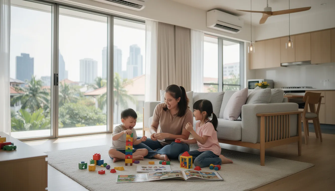 A professional babysitter is engaging with children in a modern Singapore home, surrounded by toys as they play together in a lively and safe environment. The babysitter, demonstrating reliability and care, creates a pleasant experience for the kids, ensuring they are entertained and supported while their parents are away.