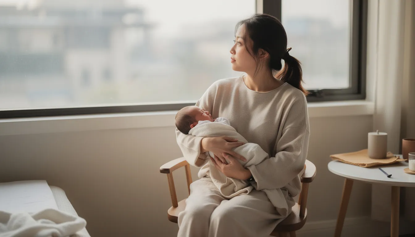 An Asian mother sits by a window, cradling her newborn baby while wearing a thoughtful and contemplative expression, reflecting the emotional challenges that can arise during the postpartum period, including symptoms of postpartum depression and the importance of maternal mental health support. The serene setting highlights the intimate bond between mother and child, amidst the complexities of new parenthood.