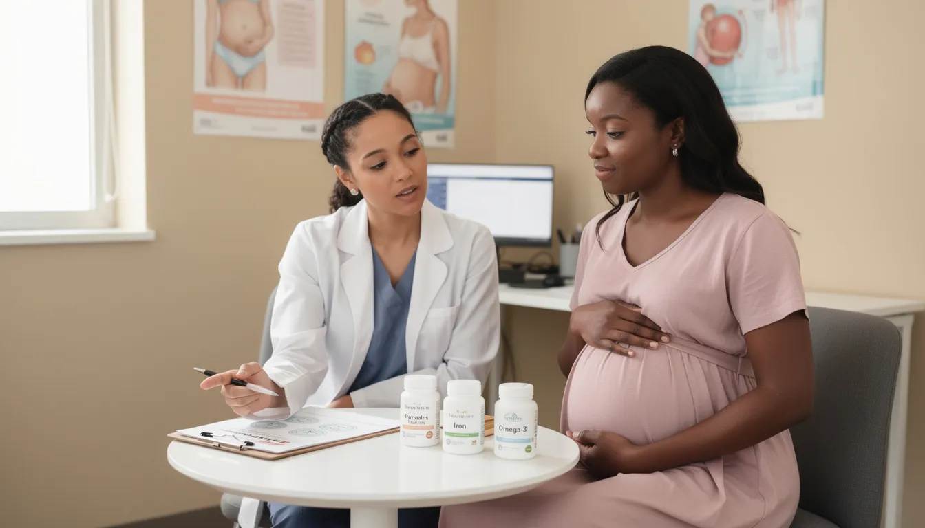 A healthcare provider and a pregnant woman are engaged in a discussion about various probiotic supplements, focusing on their potential health benefits for maternal metabolic health and fetal health. They are reviewing options that may help mitigate risks associated with gestational diabetes and improve overall gut health during pregnancy.