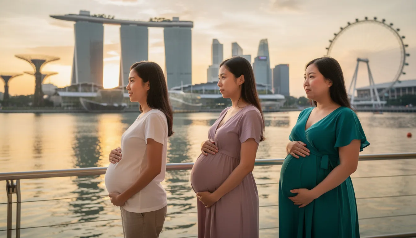 The image shows a pregnant woman at various stages of her pregnancy, from the first trimester to the third trimester, with the iconic Singapore skyline in the background. This visual representation highlights the emotional ups and downs, including pregnancy mood swings and hormonal changes, that many women experience as they prepare for the arrival of their baby.