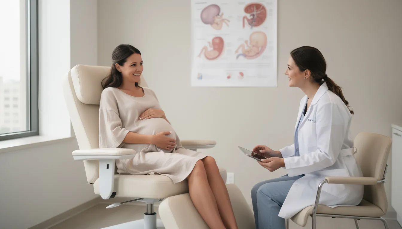 A pregnant woman is sitting comfortably during a prenatal consultation, discussing her health and the changes in her body, including how pregnancy hormones affect her sex drive and sexual activity. The atmosphere is calm and supportive, emphasizing the importance of open communication about a healthy pregnancy and any concerns regarding sexual intercourse during this time.