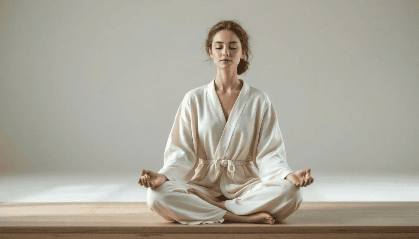 A serene meditation scene features a woman sitting in a lotus position, surrounded by soft natural light and calming greenery, embodying tranquility and mindfulness. This peaceful setting encourages a healthy lifestyle and stress reduction, important factors for overall health and fertility.