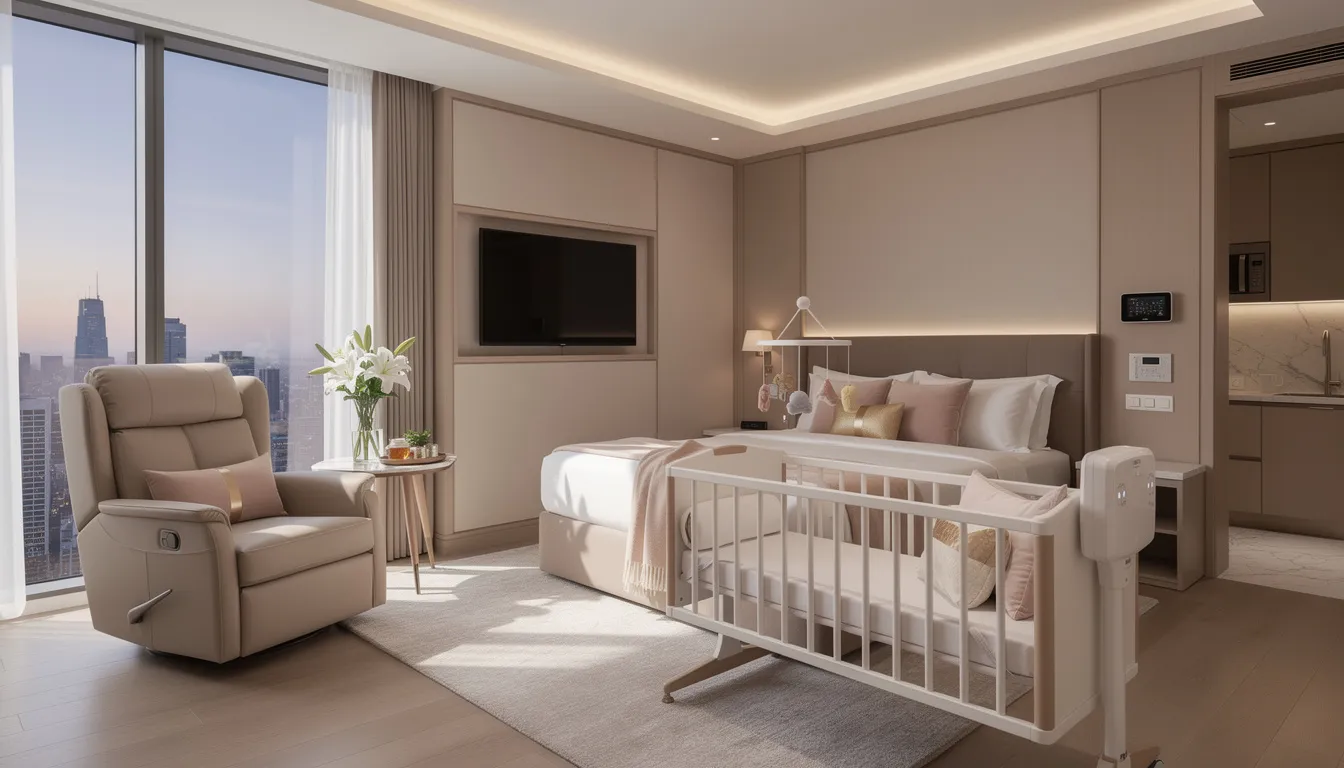 The image depicts a luxurious confinement centre suite featuring modern amenities, including a cozy baby cot, designed for new mothers during their postpartum recovery. The elegant space combines comfort and style, ensuring a stress-free experience for early parenthood.