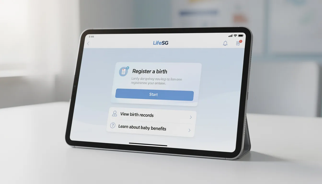 The image depicts a digital tablet displaying the interface of the LifeSG app, which features options for birth registration, allowing parents to manage their child's birth details and obtain a digital birth certificate online. This user-friendly platform supports the registration process for newborns in Singapore, making it easy for parents to access necessary documents and notifications.
