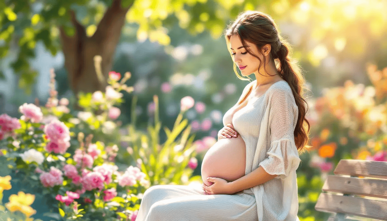 A pregnant woman showing her baby bump in the third trimester.