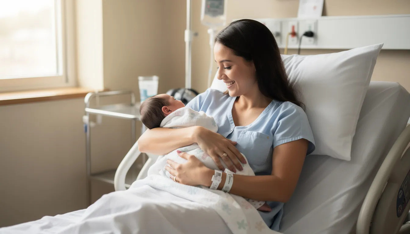 The image depicts a mother lovingly holding her newborn baby, symbolizing healthy pregnancy outcomes. This representation highlights the importance of maternal health and the potential benefits of probiotic supplementation during pregnancy for optimal fetal health and reduced risk of complications such as gestational diabetes.