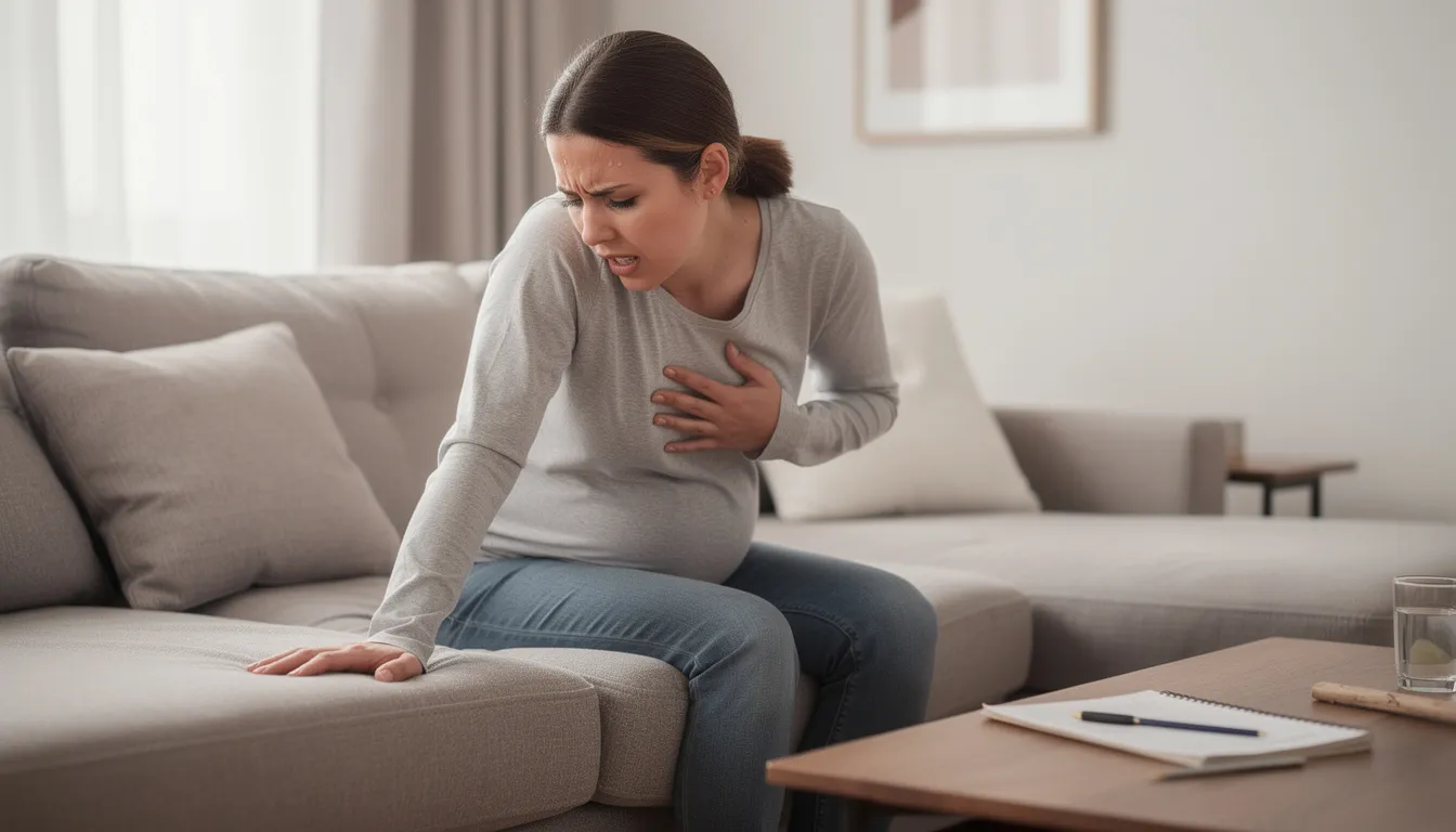 A pregnant woman sits on a couch, visibly experiencing chest discomfort and a burning sensation, indicative of heartburn symptoms common during pregnancy. The discomfort may be related to hormonal changes and the growing uterus, which can increase stomach acid and cause acid reflux, particularly in the later stages of pregnancy.