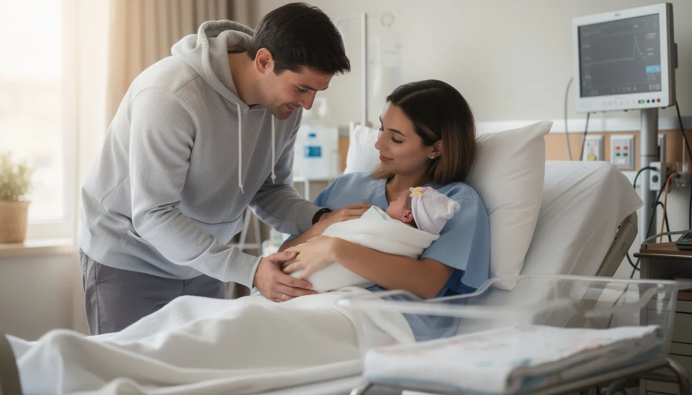 In a hospital room, young parents lovingly hold their newborn baby, celebrating the joy of their child's birth. This moment marks the beginning of the birth registration process, where they will soon need to obtain a digital birth certificate for their child.