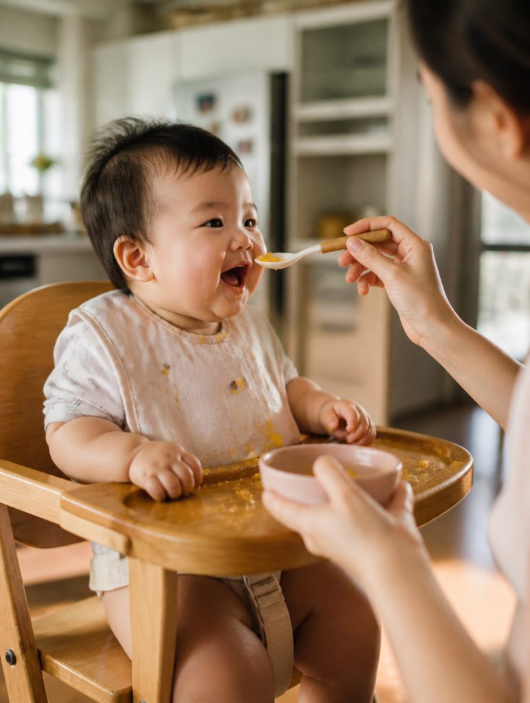 A baby in a high chair mid-laugh as a parent offers a spoon of pureed food