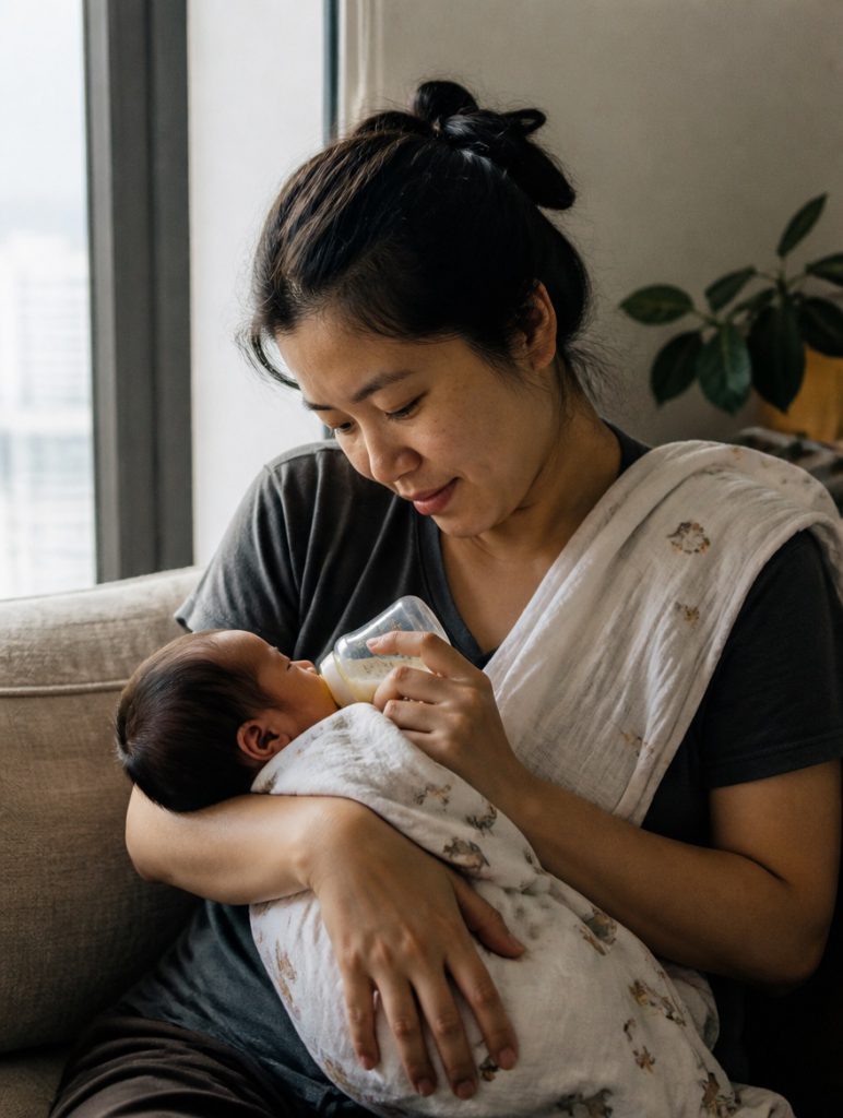 A parent feeding a swaddled newborn on the sofa during a quiet afternoon at home
